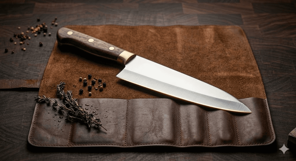 Finished chef knife resting on a leather knife roll